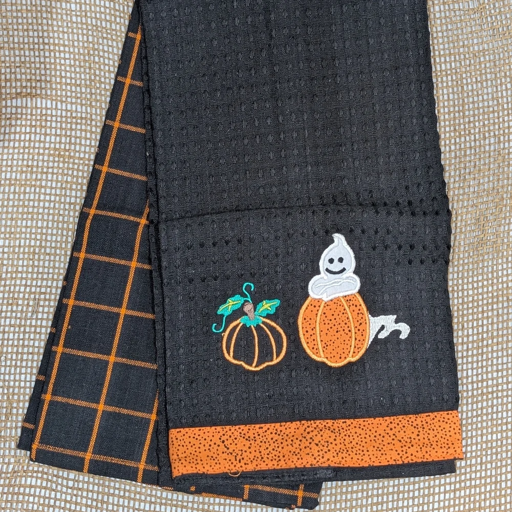 Halloween Kitchen Towels, Black & Orange, Cute Ghost Applique